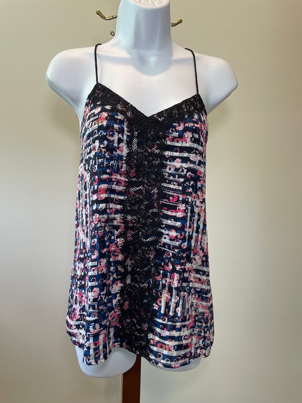 Express Size S Blue Floral Lightweight Racerback Strappy Top with Lace Detail